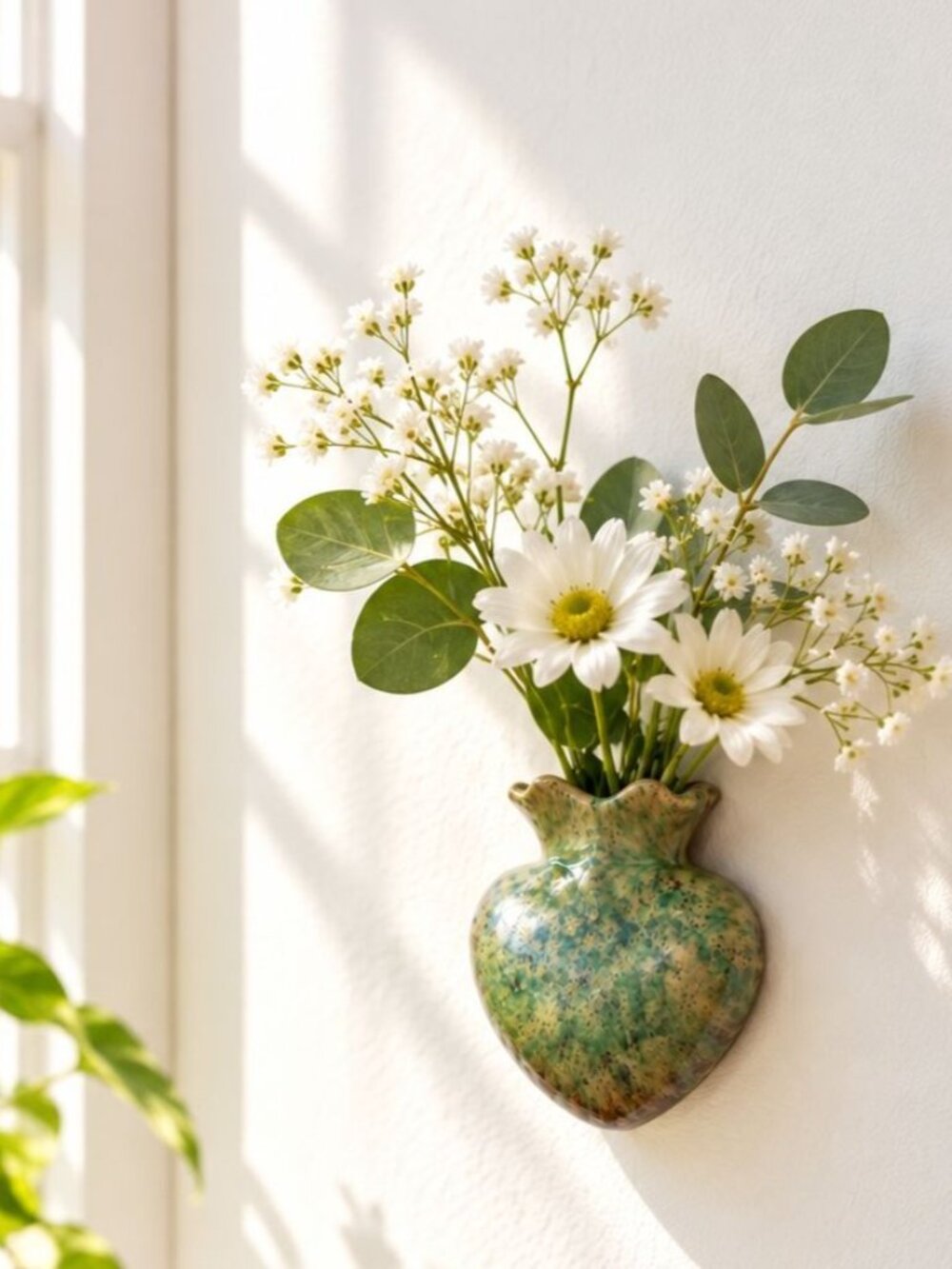 Handmade Vintage German Ceramic Wall Pocket Vase With Green & Brown Glaze Finish